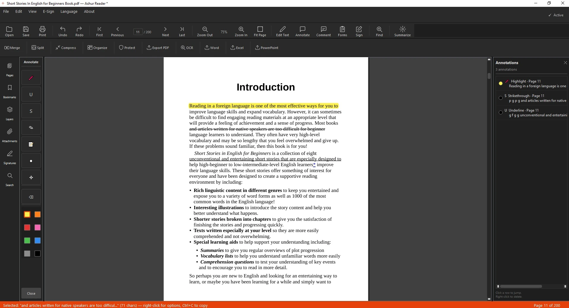 Marking up an English document with highlights and comments