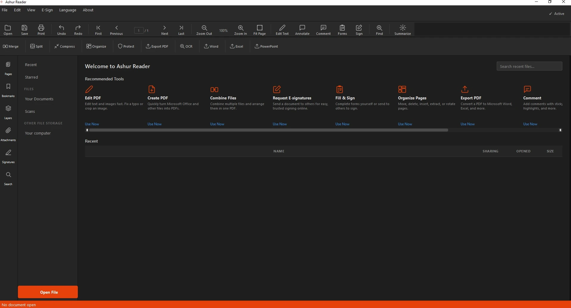 AshurReader English interface for editing PDFs on Windows