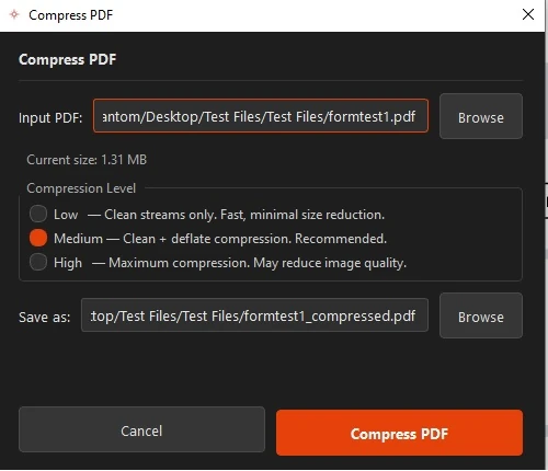 The Compress PDF tool showing quality levels