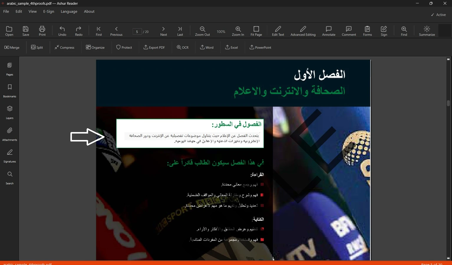 نصّ عربي داخل ملف PDF قبل التعديل في AshurReader