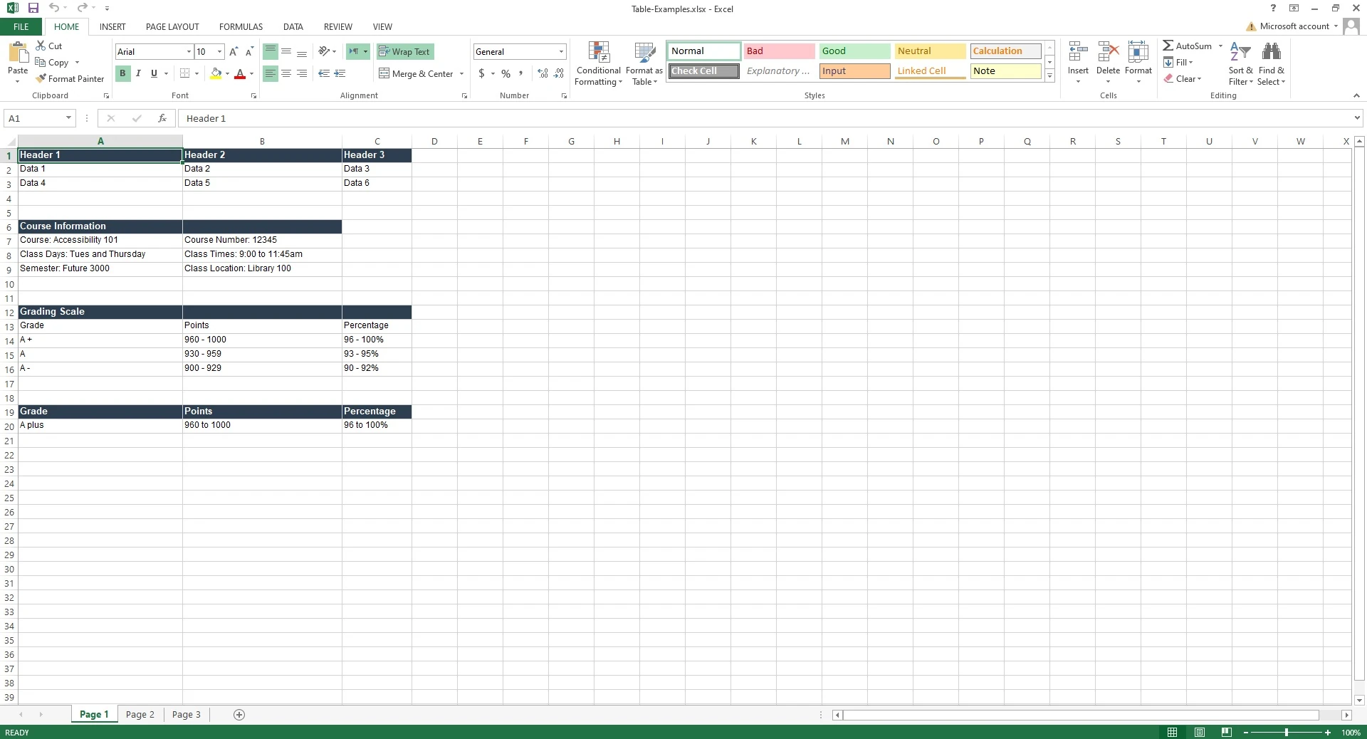 The same English table as real, editable Excel cells