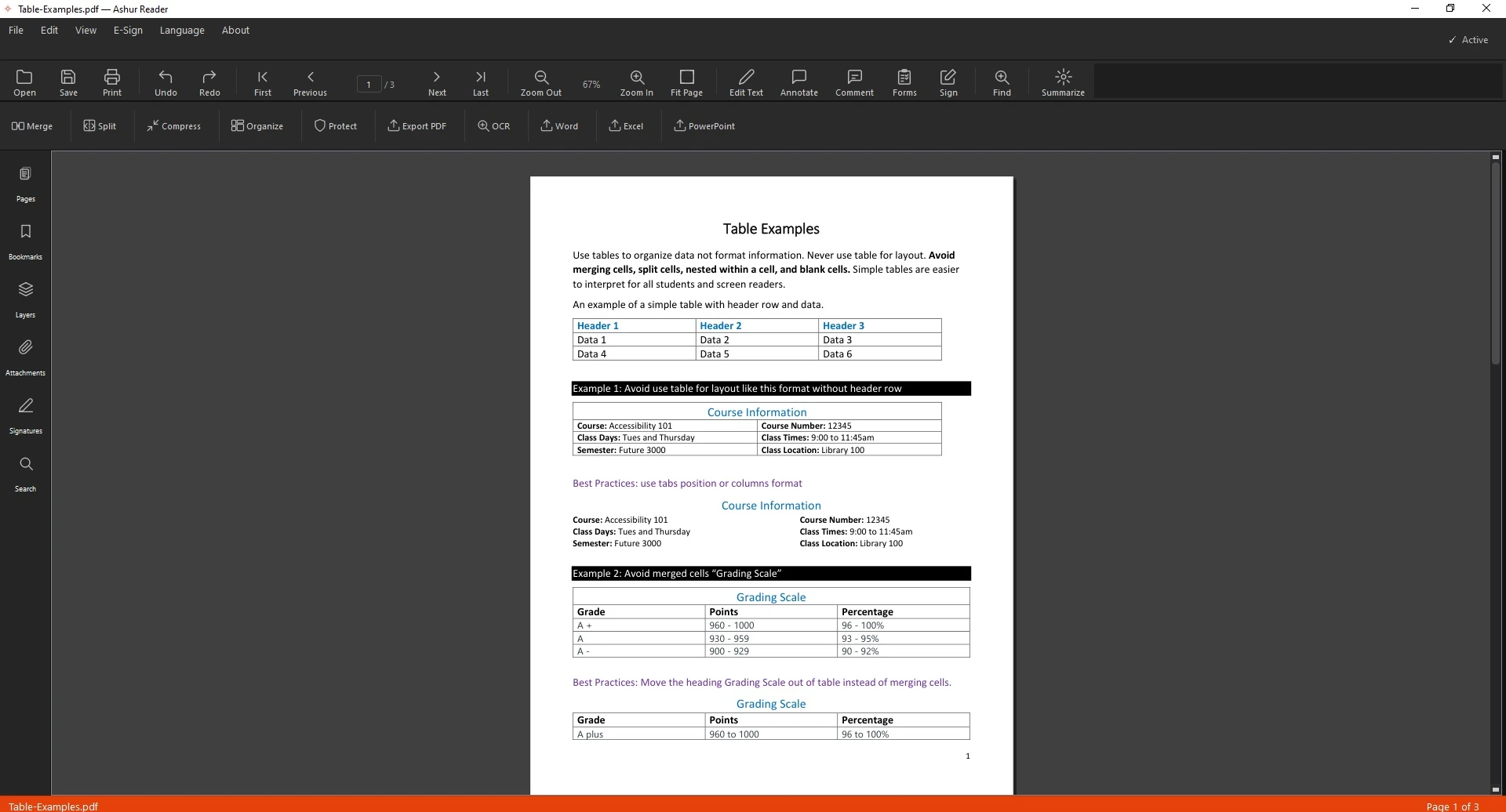 An English table inside a PDF before export