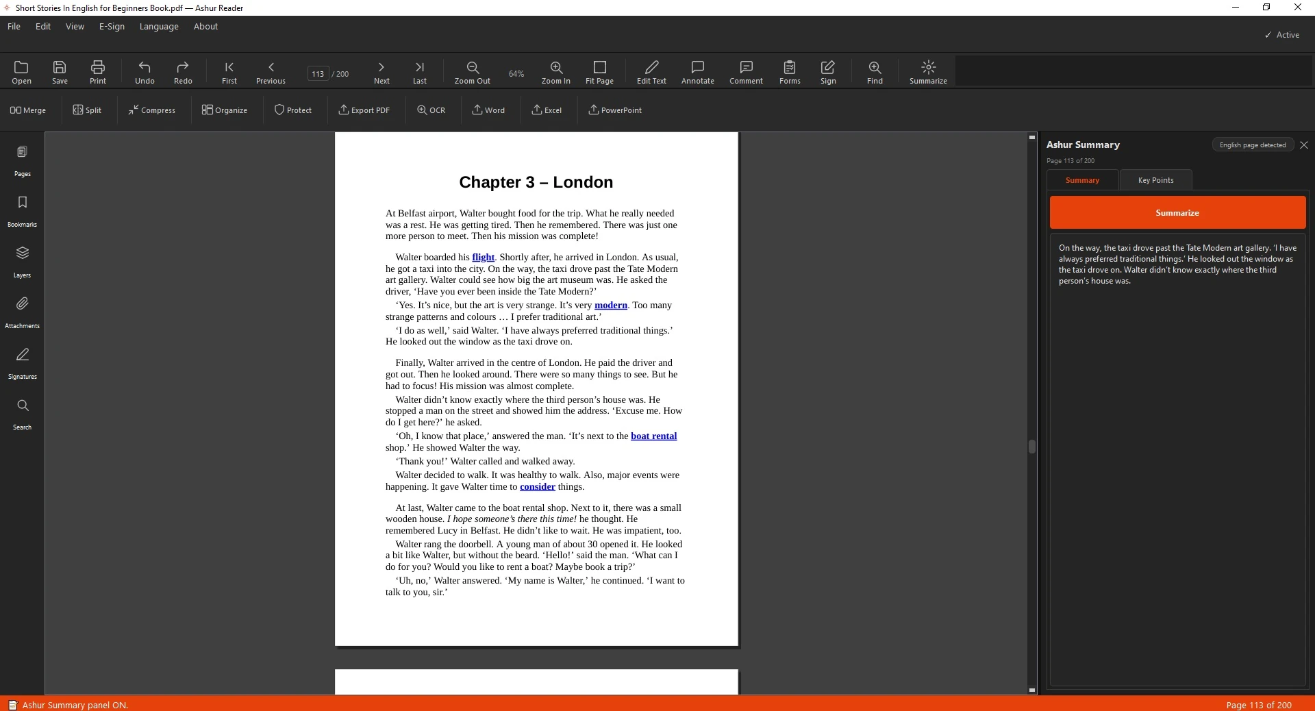 An English document and its summary shown side by side