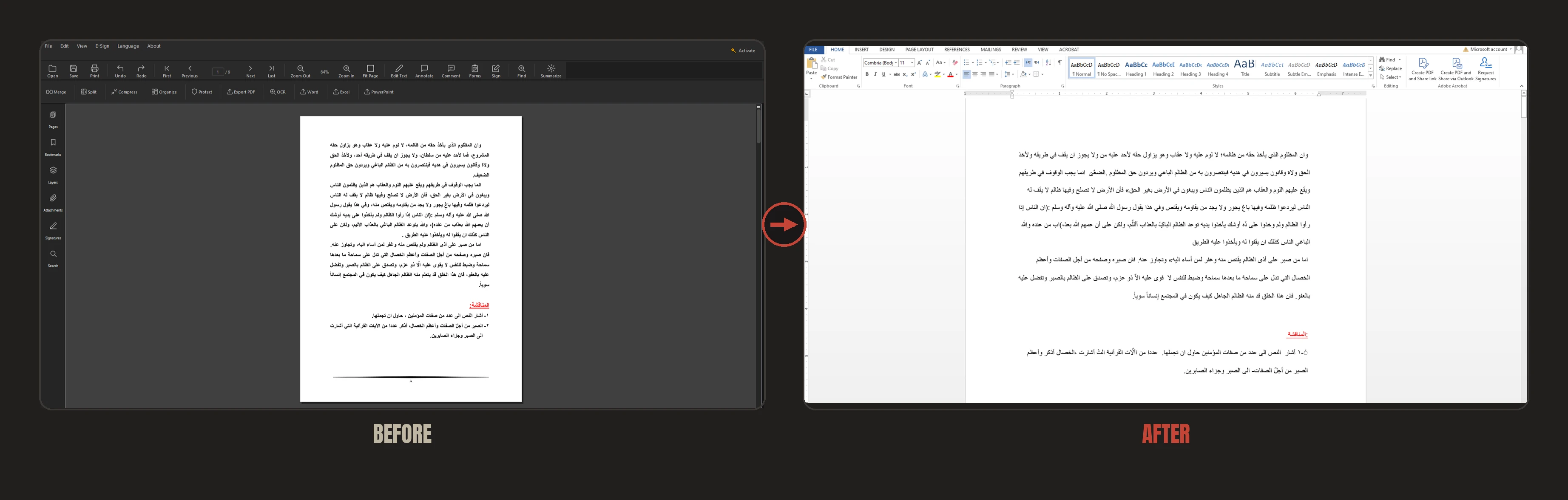 Before and after: an Arabic PDF page on the left, the same content as an editable Word document on the right