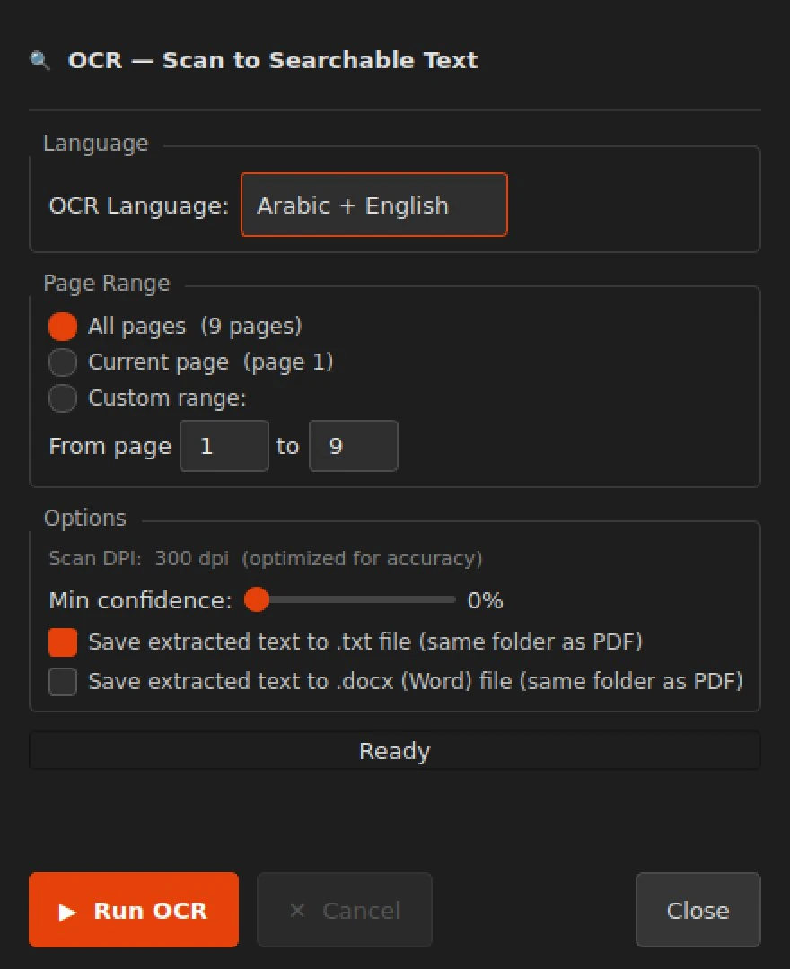 AshurReader OCR dialog — Arabic and English language packs