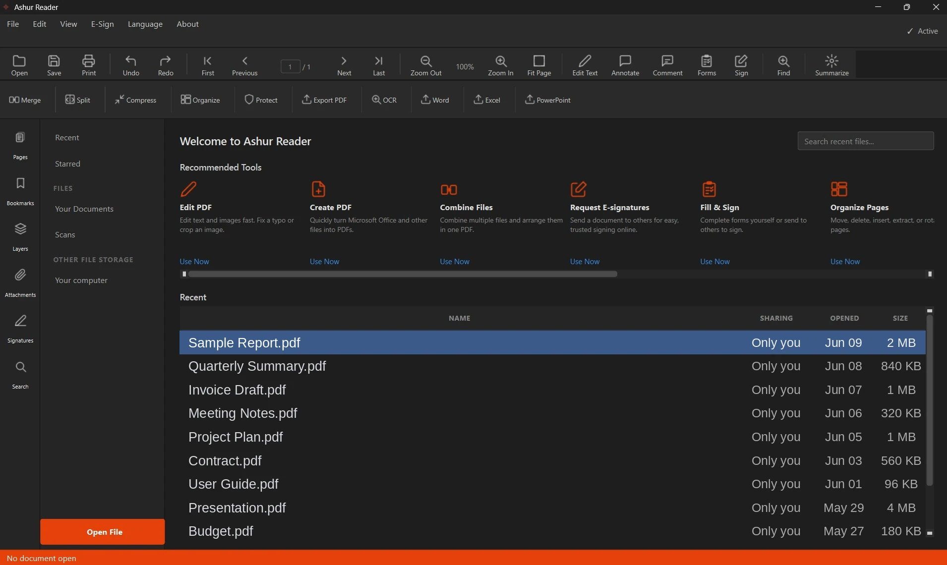 AshurReader main window in the dark theme